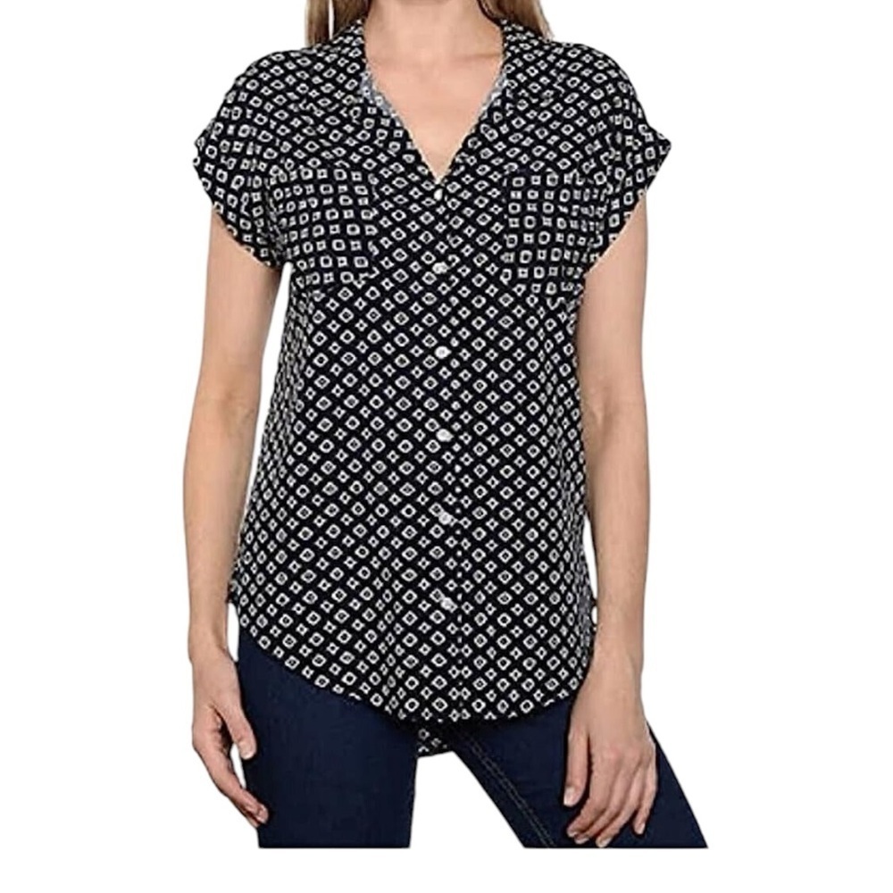 Jachs Girlfriend Top Small Black & White Cuffed Cap Sleeve Button Up Shirt Sz XL - Picture 9 of 16